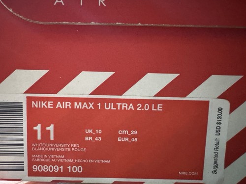 Hombre Nike Air Max 1 Ultra 2.0 Air Max Día Blanco Rojo Universitario 908091-100 talla 11 - Imagen 9 de 9
