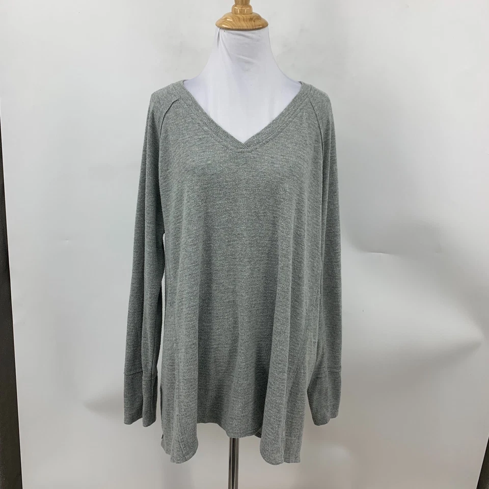 Suéter feminino Wildfox Haley XL cinza gola V raglan escovado waffle malha pulôver - Imagem 2 de 4