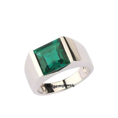 Emerald Mens Ring Lab Created Ring For Men Wedding Ring 925 Sterling Silver Ring - Picture 3 of 4