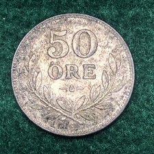 SWEDEN Gustaf V Silver 1928 G 50 Ore About Uncirculated Coin