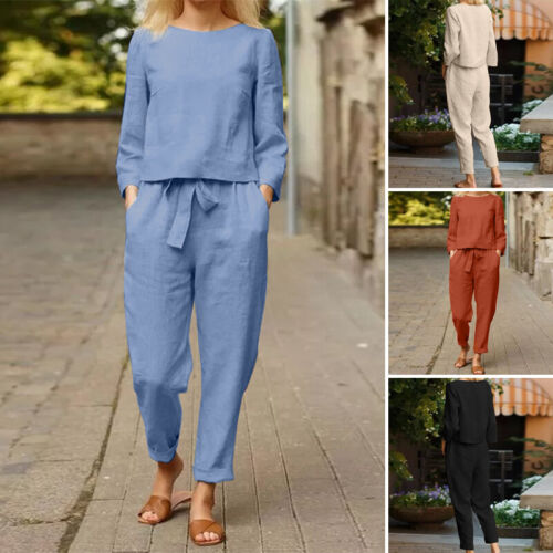 2PCS Women Linen Cotton Outfits Tracksuit Suit Set Shirt Top Elastic Waist Pants
