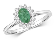 Real Emerald and Diamond Ring 9ct White Gold Oval Cluster Engagement Anniversary