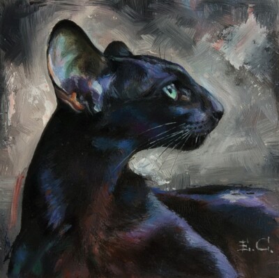 Original Oil Painting on Wood Panel Portrait of a Black Oriental Cat Wall Art
