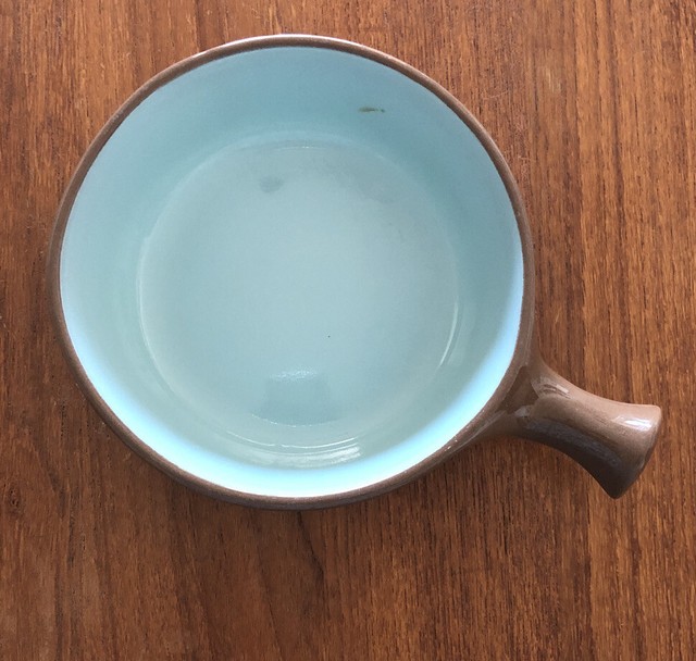 Chateau Buffet Ramekin Soup Bowl Handled Brown Aqua USA MidCentury