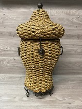 Vintage Braided Wicker Basket 23 Tall Metal Feet And Hinges