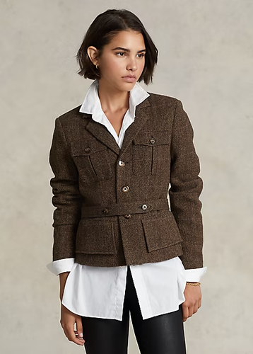 $598 Polo Ralph Lauren Belted Wool Tweed Herringbone Jacket Women's SZ 6