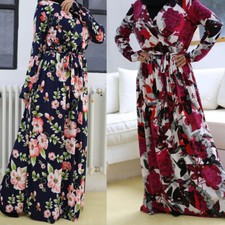Muslim Floral Women Long Sleeve Maxi Dress Abaya Kaftan Dubai Ramadan Arab Robe