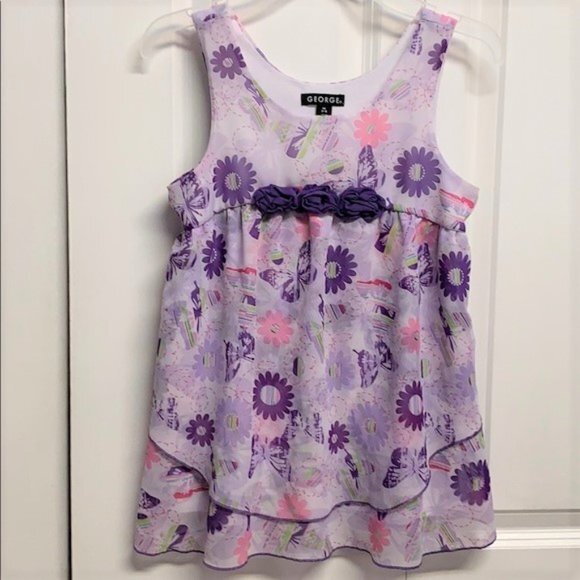 George Pink Purple Floral Butterfly Print Baby Doll Blouse Child Size M