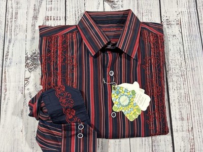 NEW Men s Luciano Visconti Shirt Sz M Button Down Navy Red Stripes