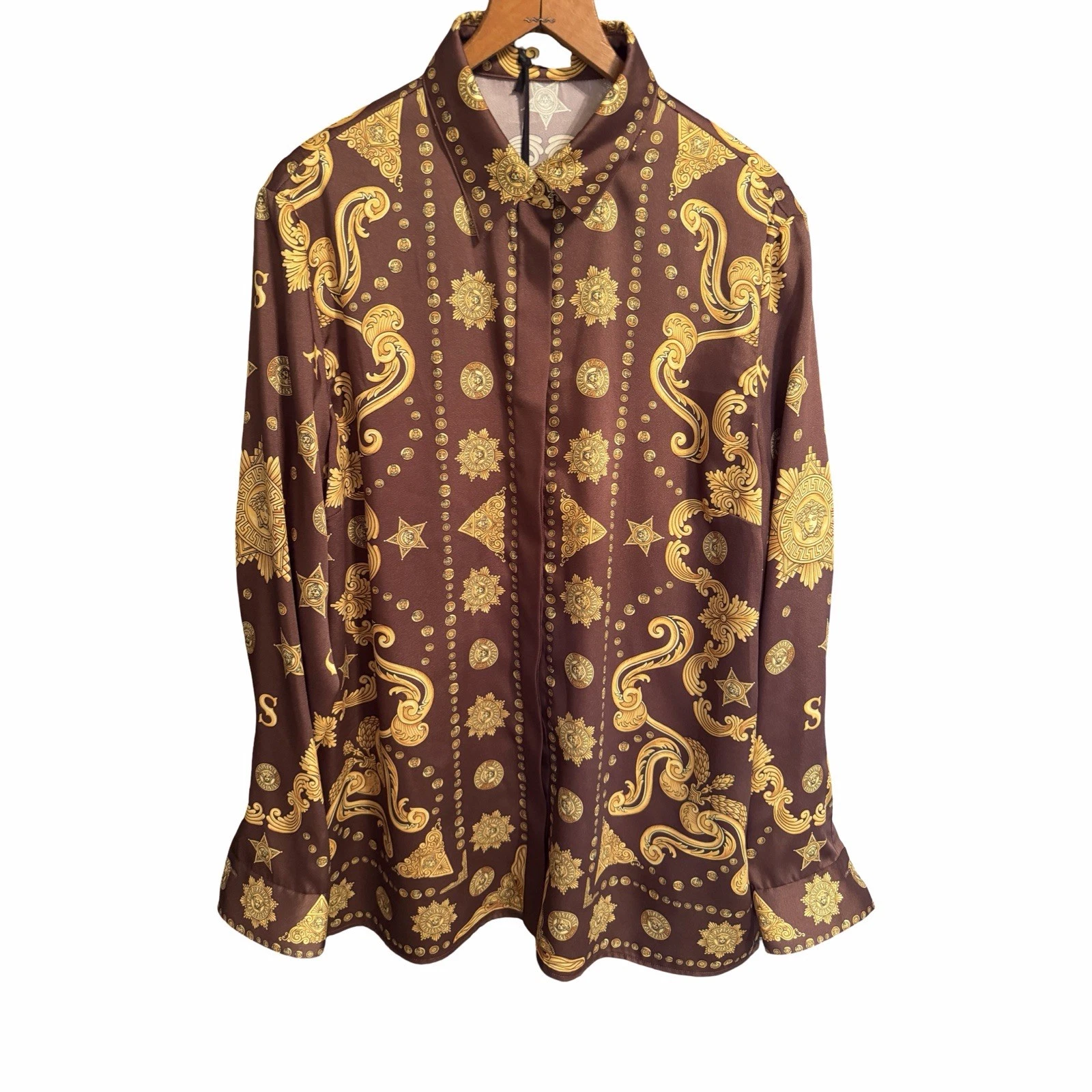 Versace — Versace Barocco Print Silk Button Down Shirt Women’s Size 44 NWT Brown Gold