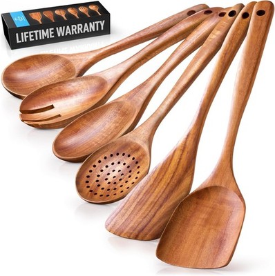 Zulay Kitchen 6-Piece Wooden Spoons for Cooking - Smooth Finish Teak Wood Utensi