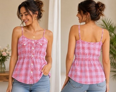 RVCA Women s Pink Red Plaid Button Front Cami Tank Top XS Sleeveless