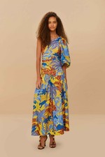 Farm Rio One Shoulder Yellow Jungle Panther Midi Dress Size Large
