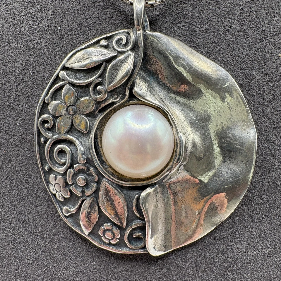 Collar colgante de perlas redondas de plata de ley 925 Israel Didae Shablool cadena de 16" Foto 2 de 4