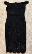 Allandwell Black Lace Floral Off-Shoulder Short Sleeve Pencil Midi Dress M