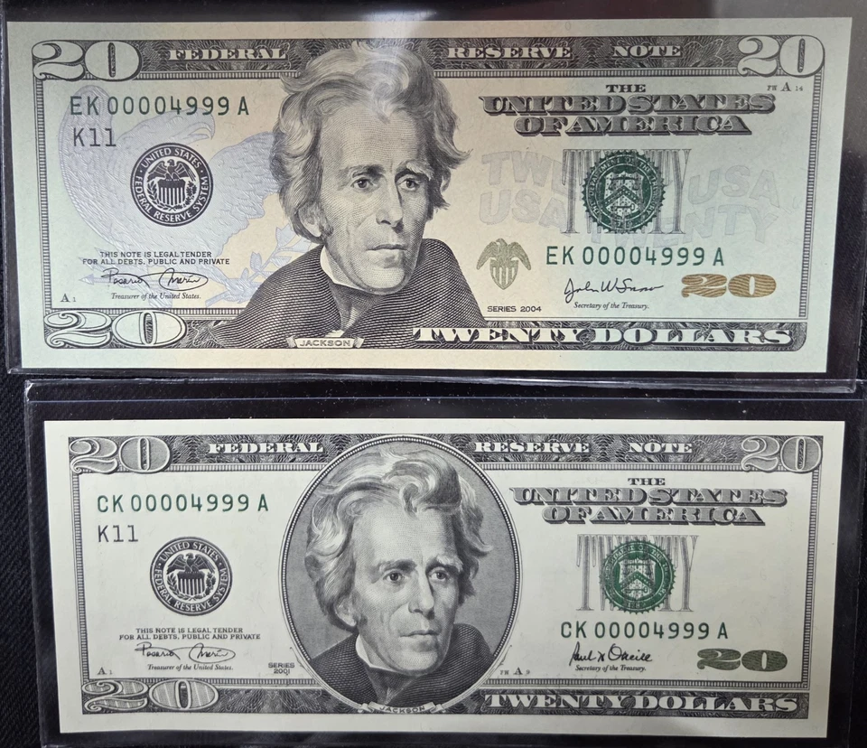 (2) LOW SERIAL *MATCHING* $20 BILLS 00004999 / 2001 & 2004 UNCIRCULATED  - Image 3 of 4