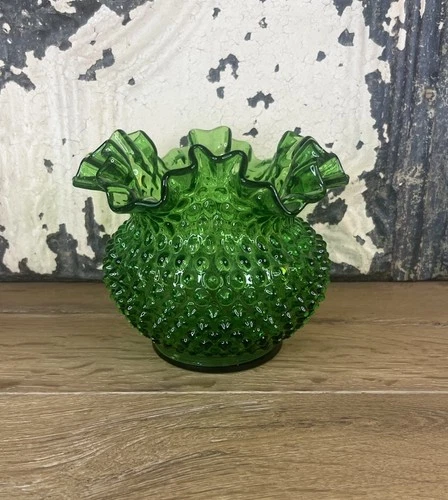 Green Ruffled Fenton Hobnail Vase