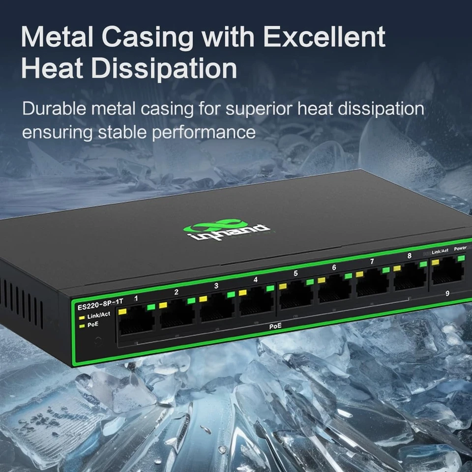 Conmutador de red Gigabit de 9 puertos con 8 puertos PoE+ máx. 120 W cada puerto 30 W carcasa metálica Foto 4 de 4