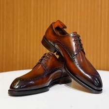 Image of Handmade Genuine Brown Leather Brogue Shoes, Oxford Lace Up Formal Office Shoes