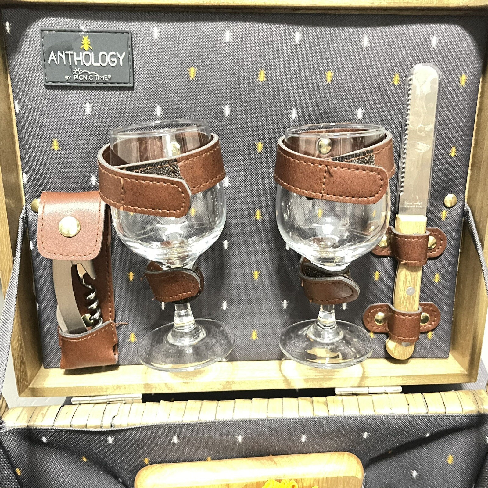 Anthology Picnic Basket Wine Glasses Cheese Board Cloth Napkins Knive Cork Screw