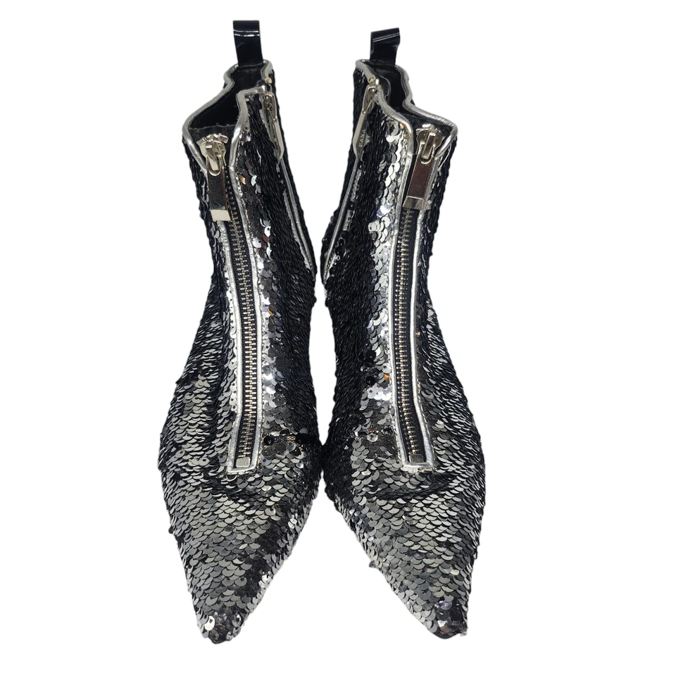 Zapatos Zara Mujer 36 6 Plateados Metálicos Lentejuelas Gatito Tacones Botines Punta Punta Foto 3 de 4