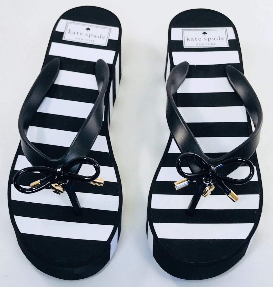 Kate Spade Rhett Platform Flip Flops Black White Stripe Women US 9
