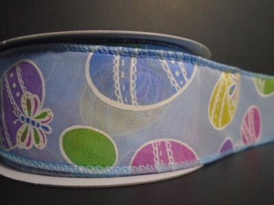 Easter Eggs Blue Semi-Sheer Wired Ribbon 1.5'' X 5 YD*Basket*Floral*Bow*Baby Boy*