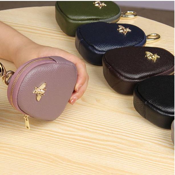Genuine Leather Zipper Cute Bee Mini Coin Purse with Keychain Ring