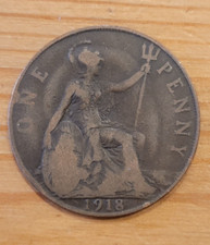 1918 King George V One Penny 1d coin - Almost F.