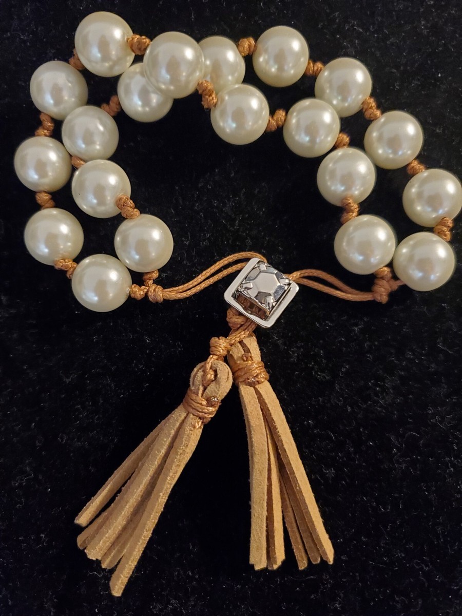 Elegant Chico's Glass Faux Pearl Strand Bracelet Leather Tassel