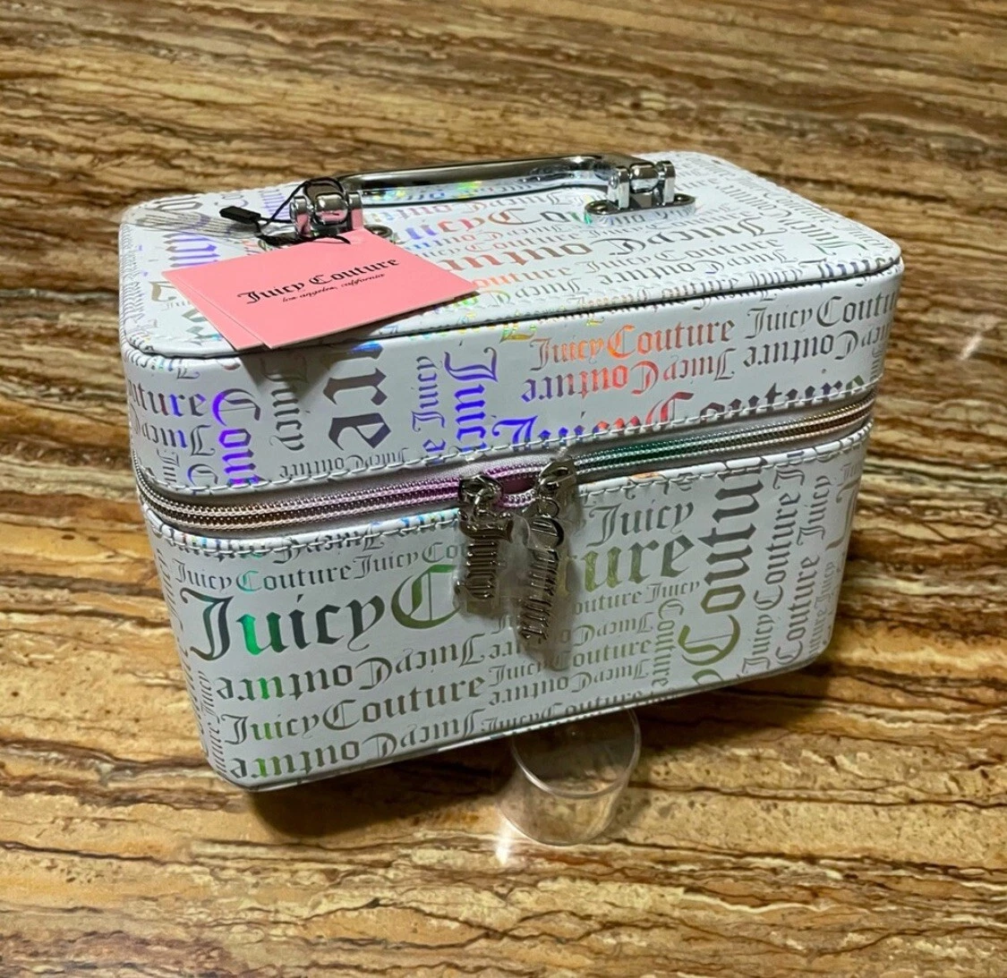 Juicy Couture Cosmetic Storage White Iridescent Logo MakeUp Train Case Organizer
