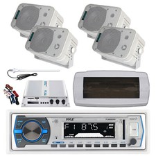 Pyle Bluetooth Marine Radio,Cover,Antenna,Amp w/Kit, 4x 5.25" 400W White Speaker