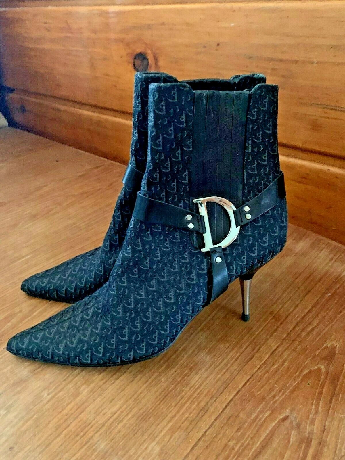 Bottes aiguilles aiguilles en tissu authentique Christian Dior Diorissimo garniture cuir 7