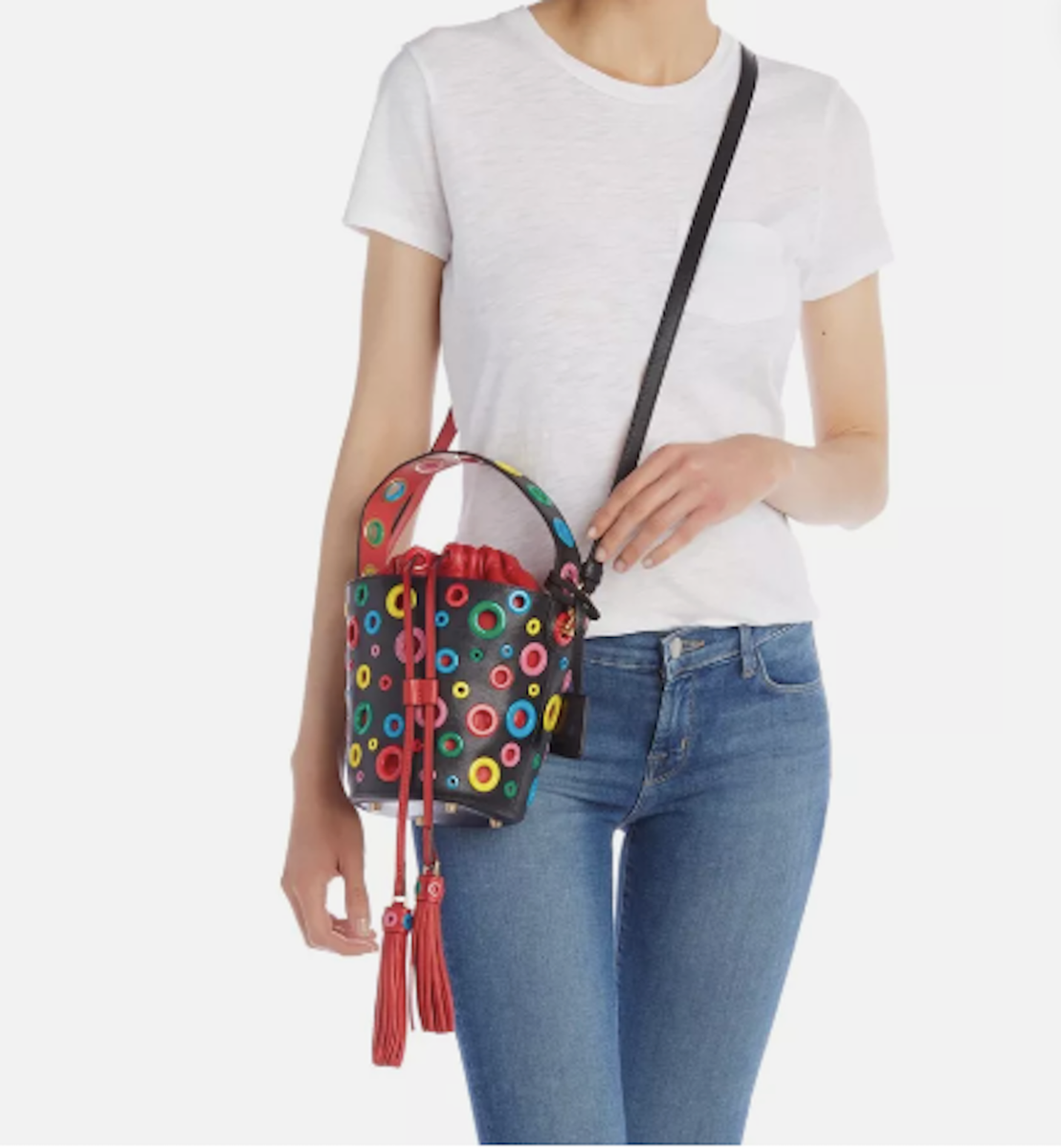 Moschino black multi colored grommet bucket Bag | eBay