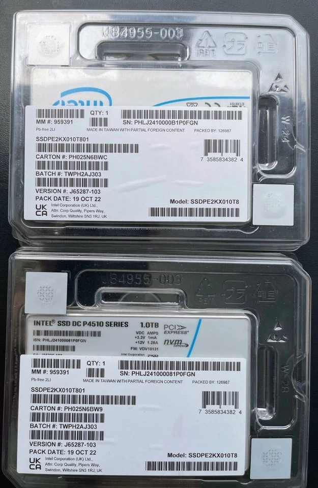 INTEL P4510 SSD SERIES 1TB TLC PCI EXPRESS 3.1 X4 NVME U.2 SSDPE2KX010T8 01MP108 - Image 2 of 2