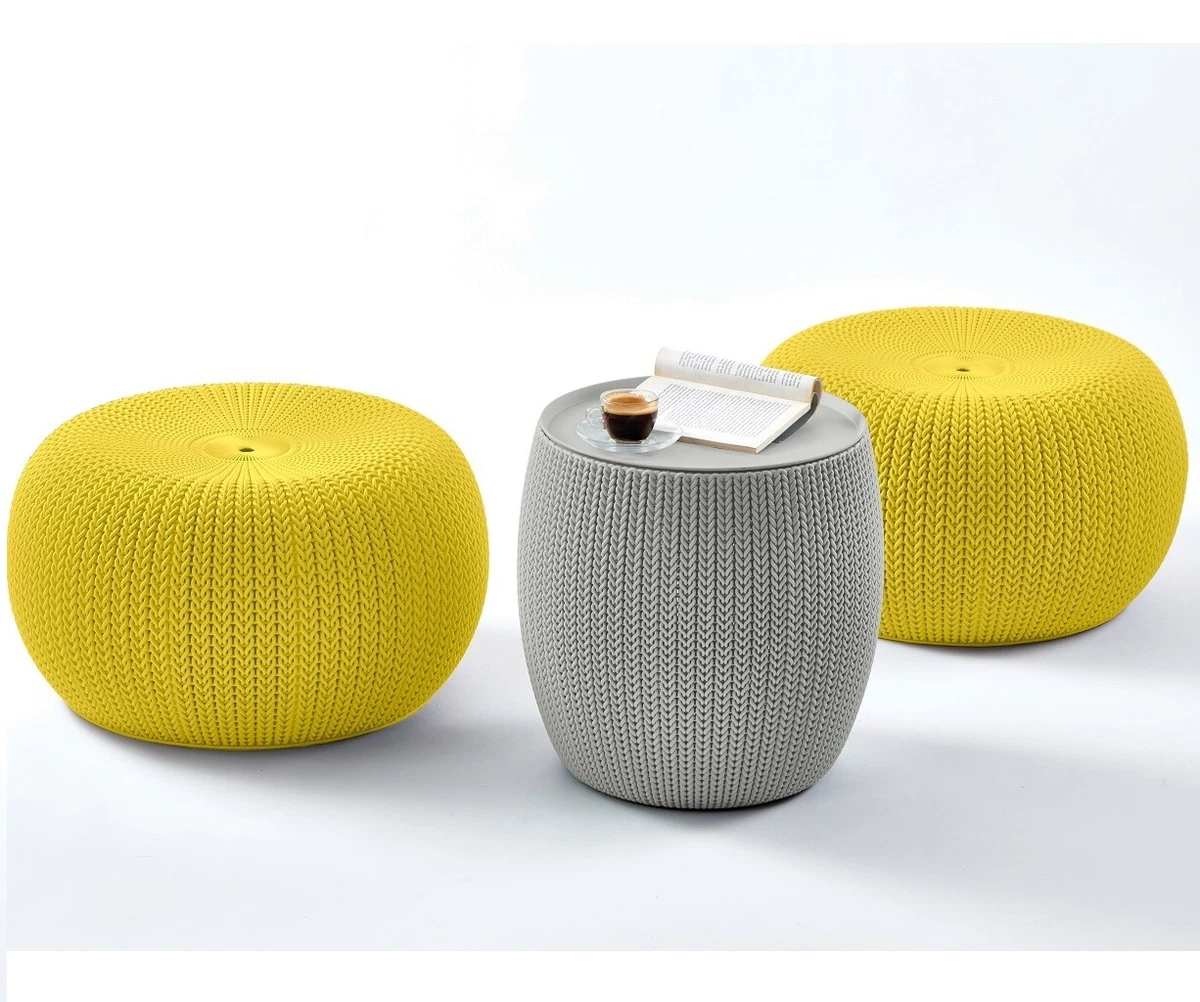 Keter Urban Knit Pouf Ottoman Set of 2 with Storage Table for Patio Balcony Deck