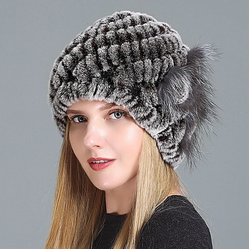 Damen Echt Rex Kaninchenfell Beanie Mütze Winter Warm Mütze mit Fuchs Handarbeit Geflochten - Bild 43 von 52