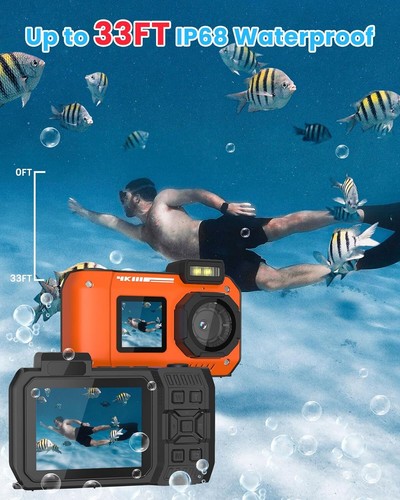 33FT Underwater Camera FHD 4K 65MP Waterproof Digital Camera Selfie ScreenOrange - Picture 2 of 9