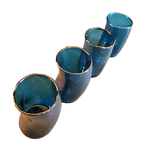 Vintage Handblown Royal Blue Teal Sommerso Swerve Glass Tumbler Set (4 pieces), - Picture 2 of 4