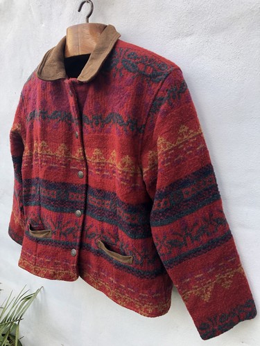 Vintage Woolrich Aztec Western Jacket Women’s L Red Navy Suede Collar USA Made - Picture 9 of 24