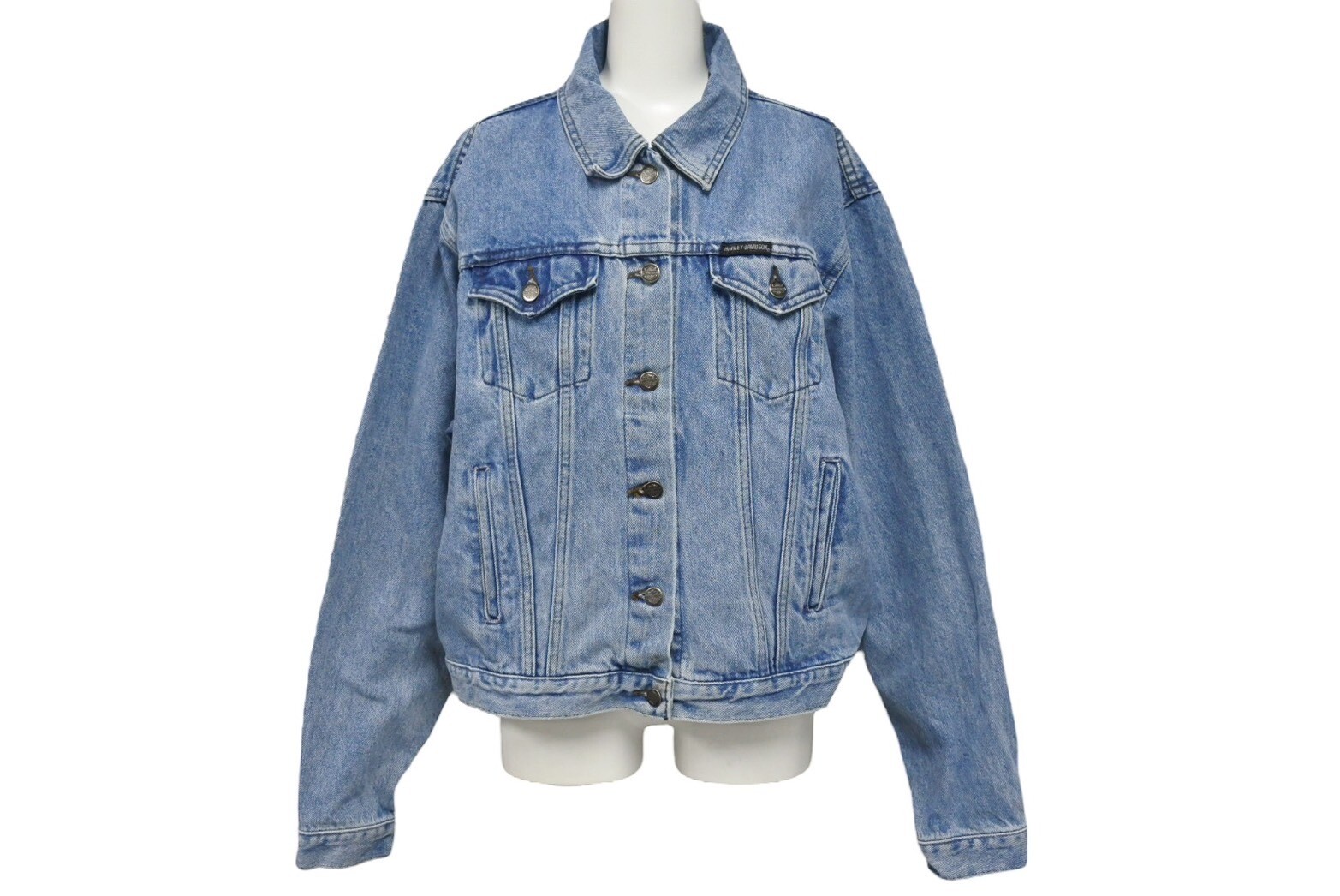 Men's Harley Davidson 90S Logo Patch Denim Jacket Blue Outerwear Size Xl