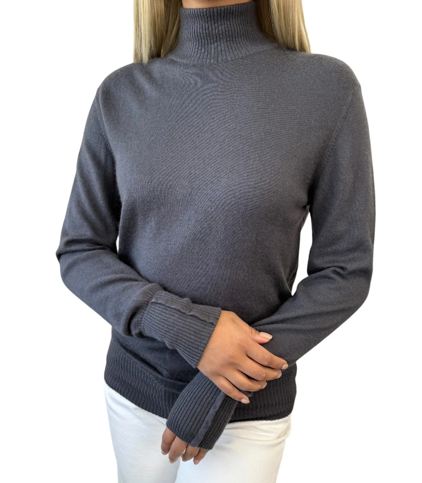 Suéter Top CHANEL Vintage Logo CC Cuello Alto #36 Gris Dorado Botón Lana RankAB+ Foto 2 de 4