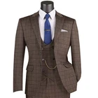 VINCI Men's Brown Plaid Stretch 3-Piece Slim-Fit 2-Button Suit - NEW