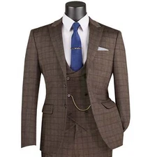 VINCI Men's Brown Plaid Stretch 3-Piece Slim-Fit 2-Button Suit - NEW
