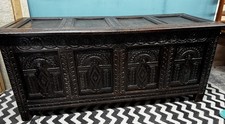 Large Antique Gothic style Oak carved Coffer storage trunk Blanket box