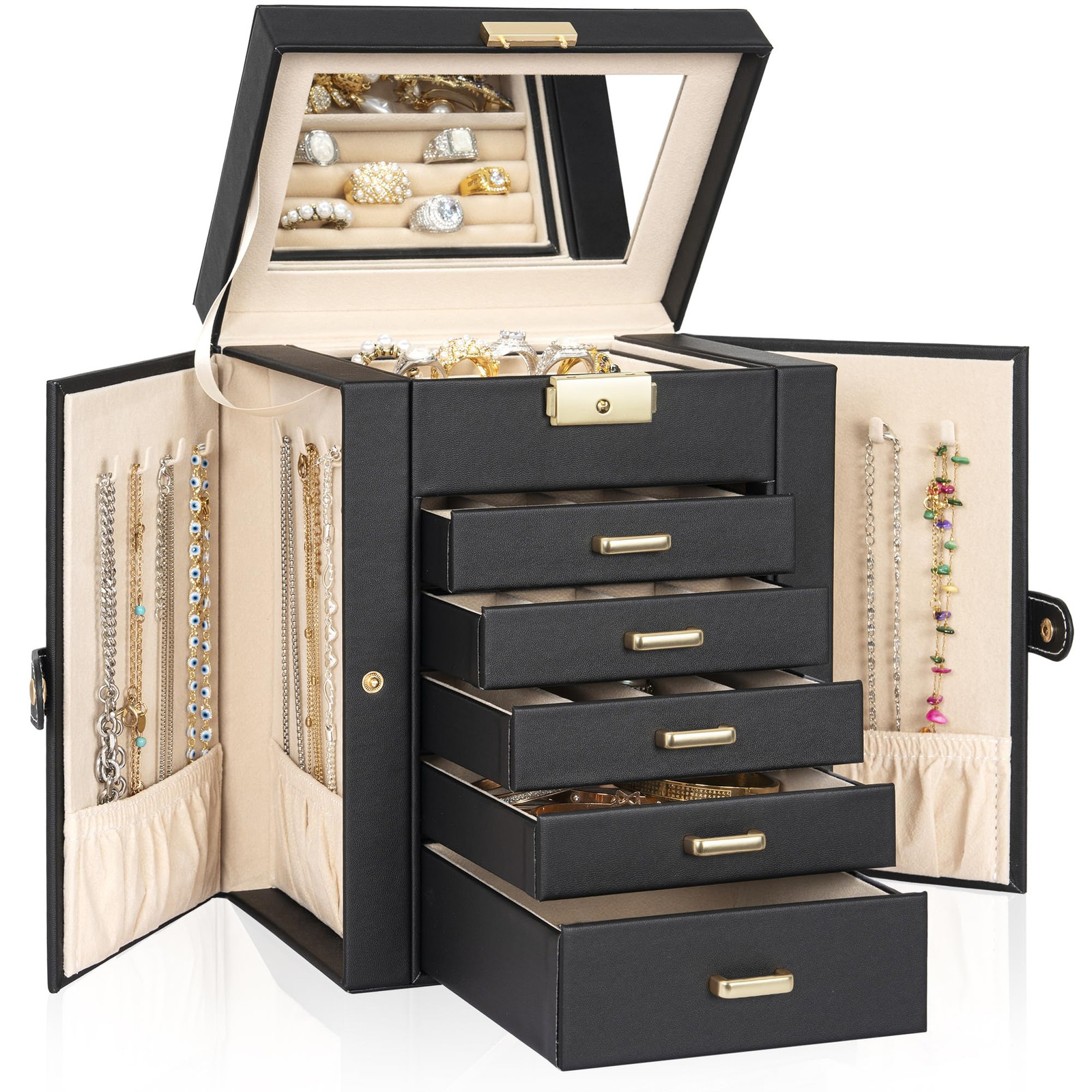 6-Tier Jewelry Box Lockable Leather Jewelry Storage Case with 5 Drawers for W...