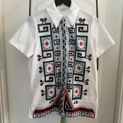 Vintage 60s 70s Mod Geometric Print Blouse White Psychedelic Polyester Top Tunic