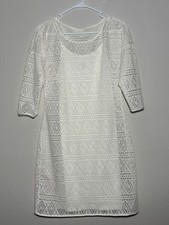 Express White Lace Lined Round Neck 3/4 Sleeve Shift Knee Dress M