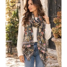 Womens Grey Scarf Floral Print Wrap Shawl Boho Soft Cottage Lightweight