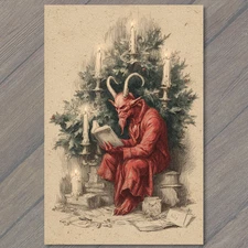 POSTCARD Krampus Reading Book Christmas Tree Candles Red Devil Holiday Gothic Fe